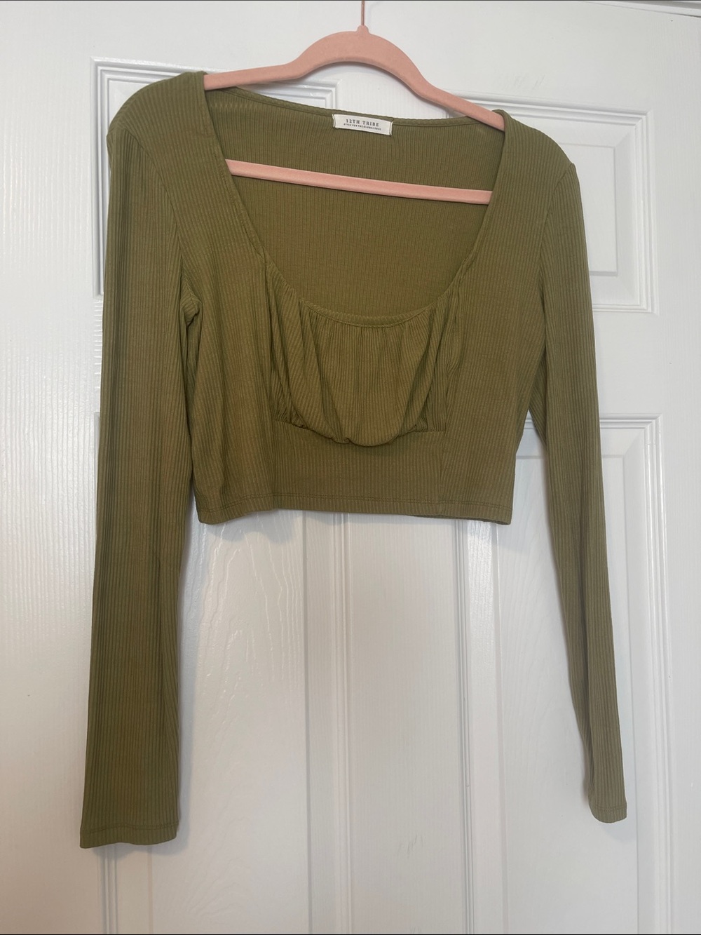 12th Tribe Olive Ribbed Long-Sleeve Crop Top